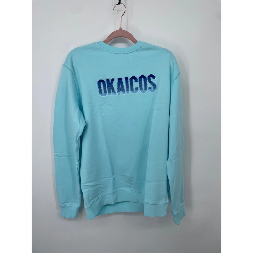 Okaicos Mens Crewneck Sweatshirt Pullover L Light Blue‎ Chenille Patch Logo